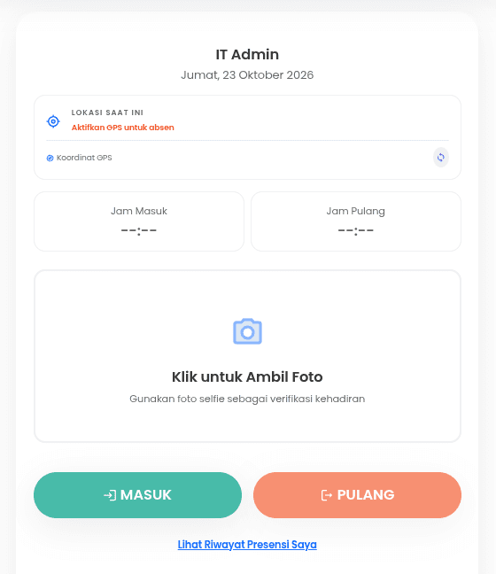 Halaman absensi karyawan (GPS + foto selfie)